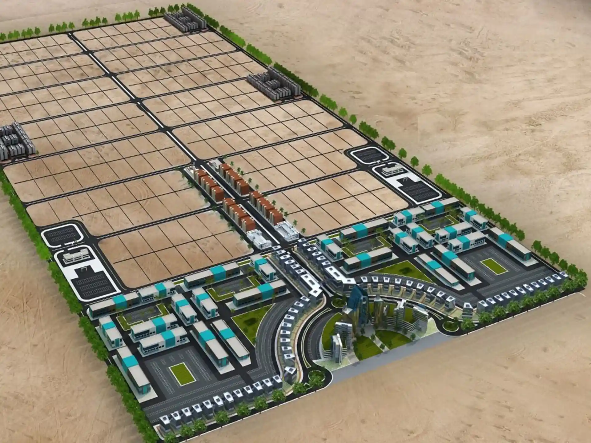 Aerial view of an industrial estate with warehouse and manufacturing units